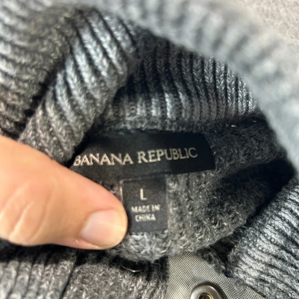 Banana Republic Sweater Mens Large Gray Mock Neck Snap Rib Knit Chunky Cotton